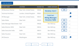 Annotated screenshot: Fields in the Hiring Manager Vacancy Table Field Set on the top level Vacancies table